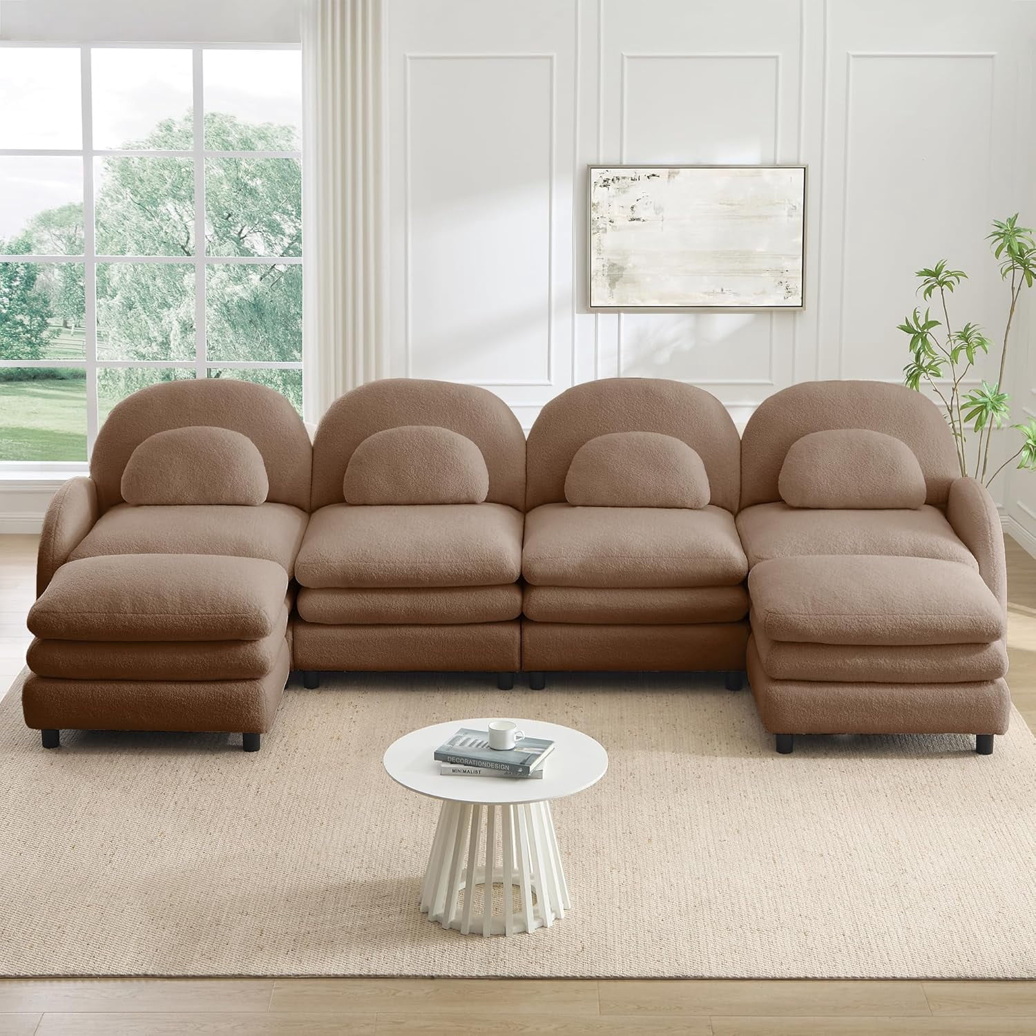 129.1" Modular Sectional Sofa with 2 Ottomans Sherpa Fleece, Plush Soft U-Shape Oversized Couches Perfect for Generous Living Room Furniture Space with Deep Seat & Ergonomic Curved Design, Camel