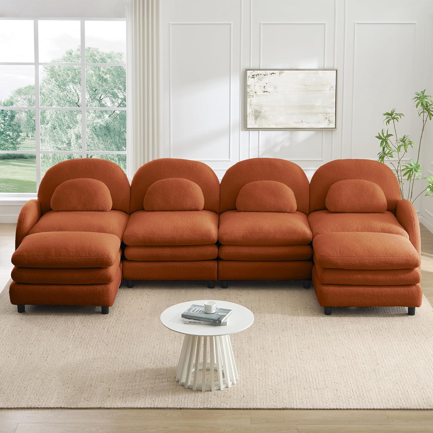 129.1" Oversized Modular Sectional Sofa with 2 Ottomans Sherpa Fleece, Soft Deep Seat Couch Perfect for Generous Living Room Furniture with Convertible Layout and Modern Apartment Living, Orange