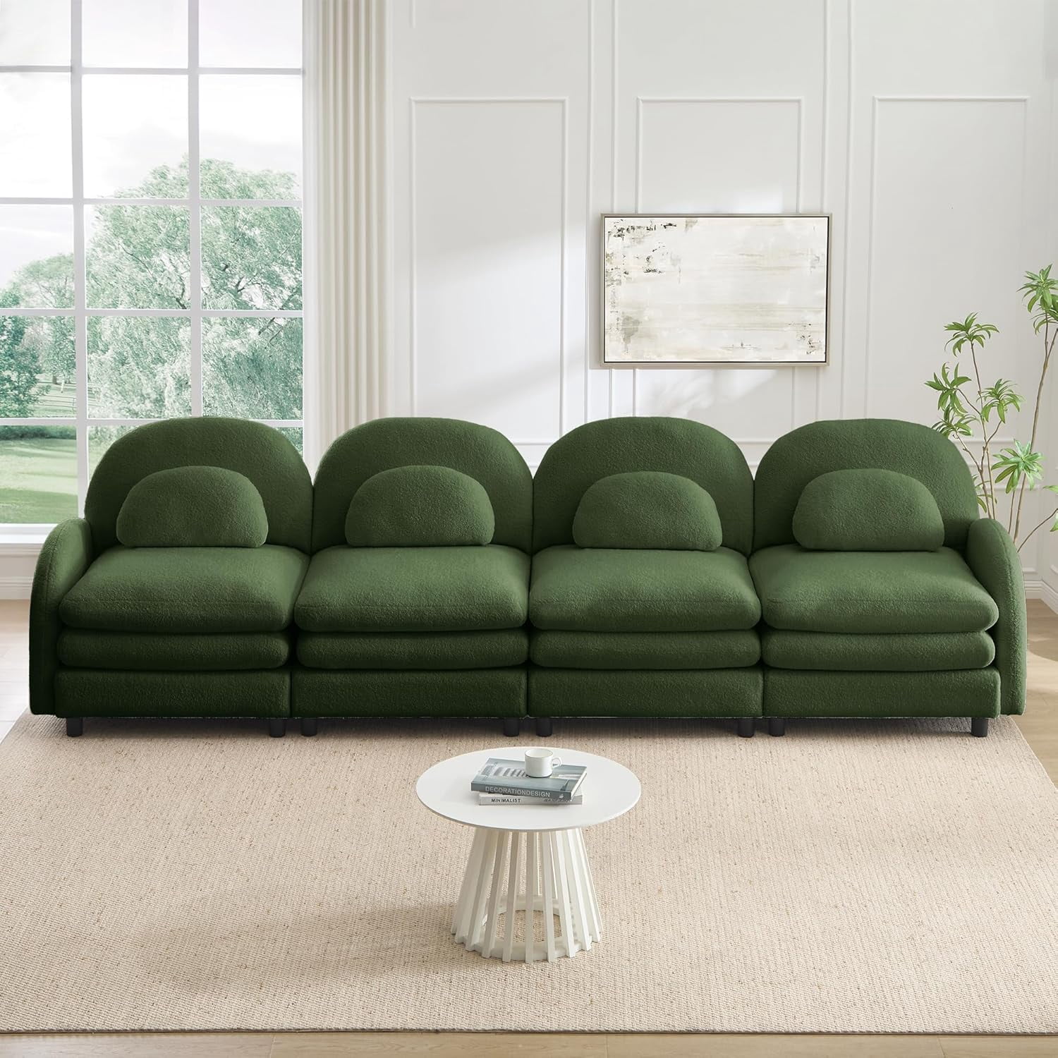 129.1" Oversized Sectional Couch Sherpa Fleece Fabric, Plush Soft Sofa Perfect for Large Modern Living Room Furniture Space with Cloud Couch Comfort and Deep Seating Throw Pillow Design, Green