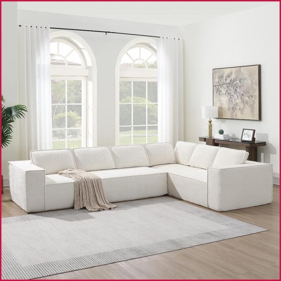 129.5” Minimalist 6-Seat Modular Sectional Sofa - Wrinkle-Resistant Chenille Living Room Couch, No Assembly | Chenille | Square Arms | Pillow Back