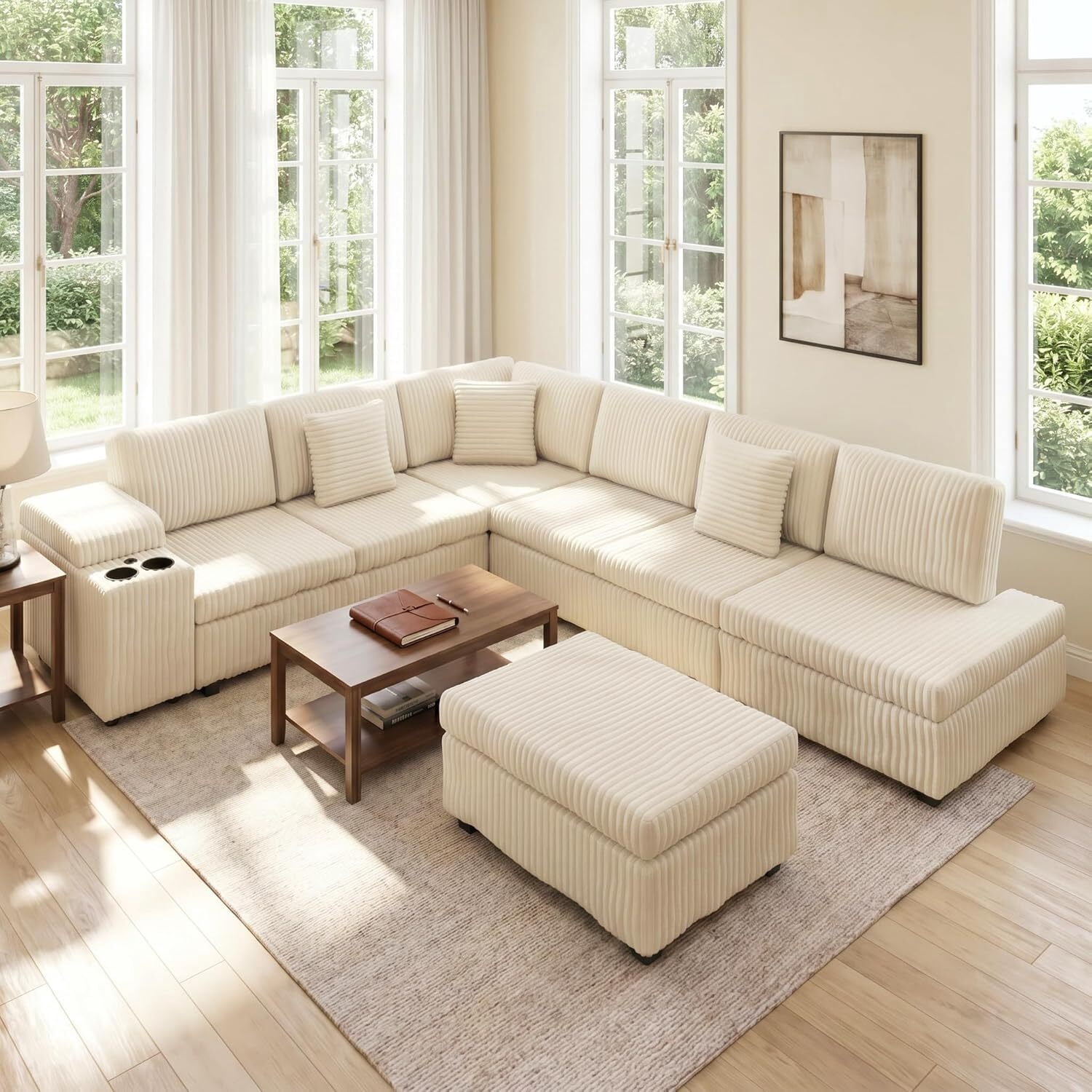 Sectional Sleeper Sofa with Pull Out Bed,110" L-Shaped Modular 6-Seater Cloud Sectional Couch,Convertible Corduroy Sofa for Living Room,Ottoman with USB Charging Ports & Cup Holders,Beige