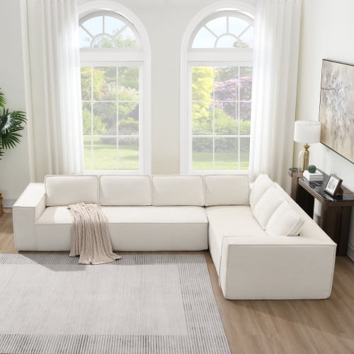 EPOWP Modular Sectional Sofa, 129.5" 6-Seat L-Shaped Cloud Couch Set with Chaise, Wrinkle-Resistant Chenille Boneless Sofa, 2-Piece Free Combination for Living Room, No Assembly Required,Beige