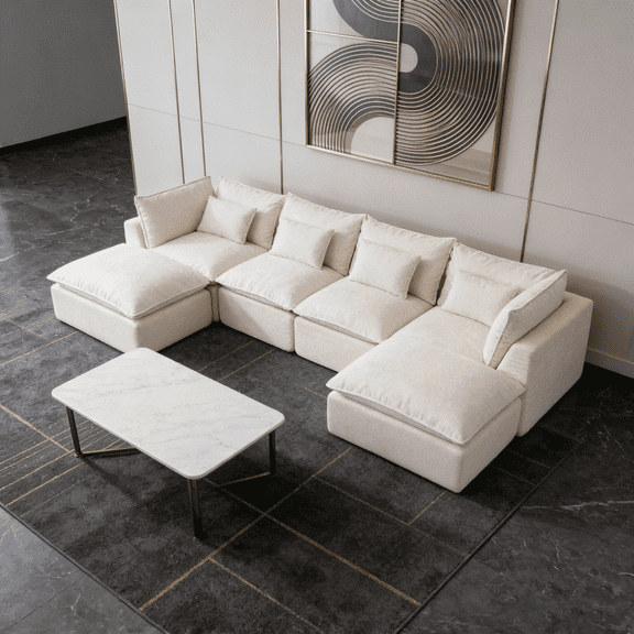 129.8" Cloud Couch Oversized Modular Sectional Sofa – 4-Seat Deep Seat Chenille Couch with 2 Movable Ottomans, True Relax Wide Seating Set for Living Room, Family Room, Apartment