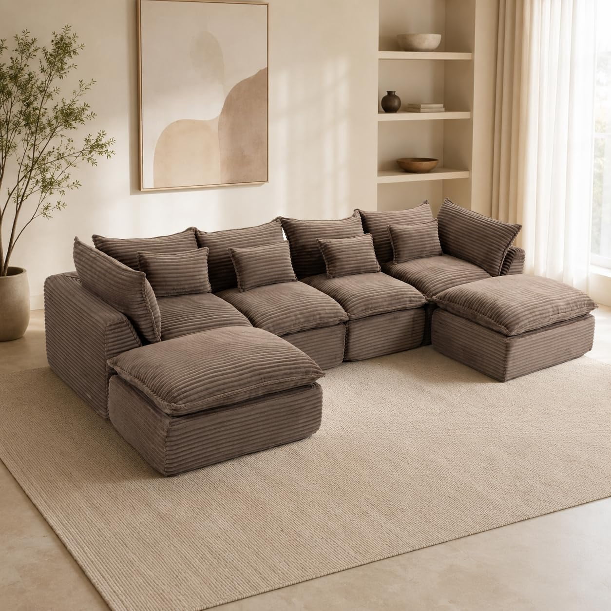 129.8" Oversized Cloud Sectional Sofa, U Shaped Boneless 4-Seater Modular Couch with Ottoman, Extra Deep Seat Compressed Foam Sofa for Living Room Brown
