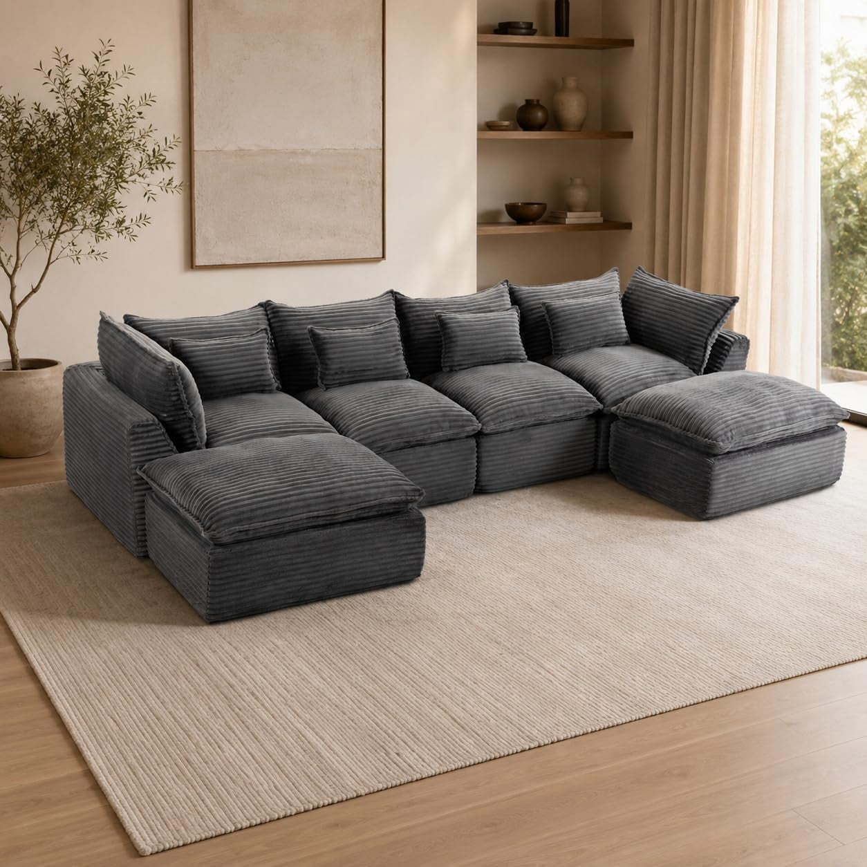 129.8" Oversized Cloud Sectional Sofa, U Shaped Boneless 4-Seater Modular Couch with Ottoman, Extra Deep Seat Compressed Foam Sofa for Living Room Dark Gray