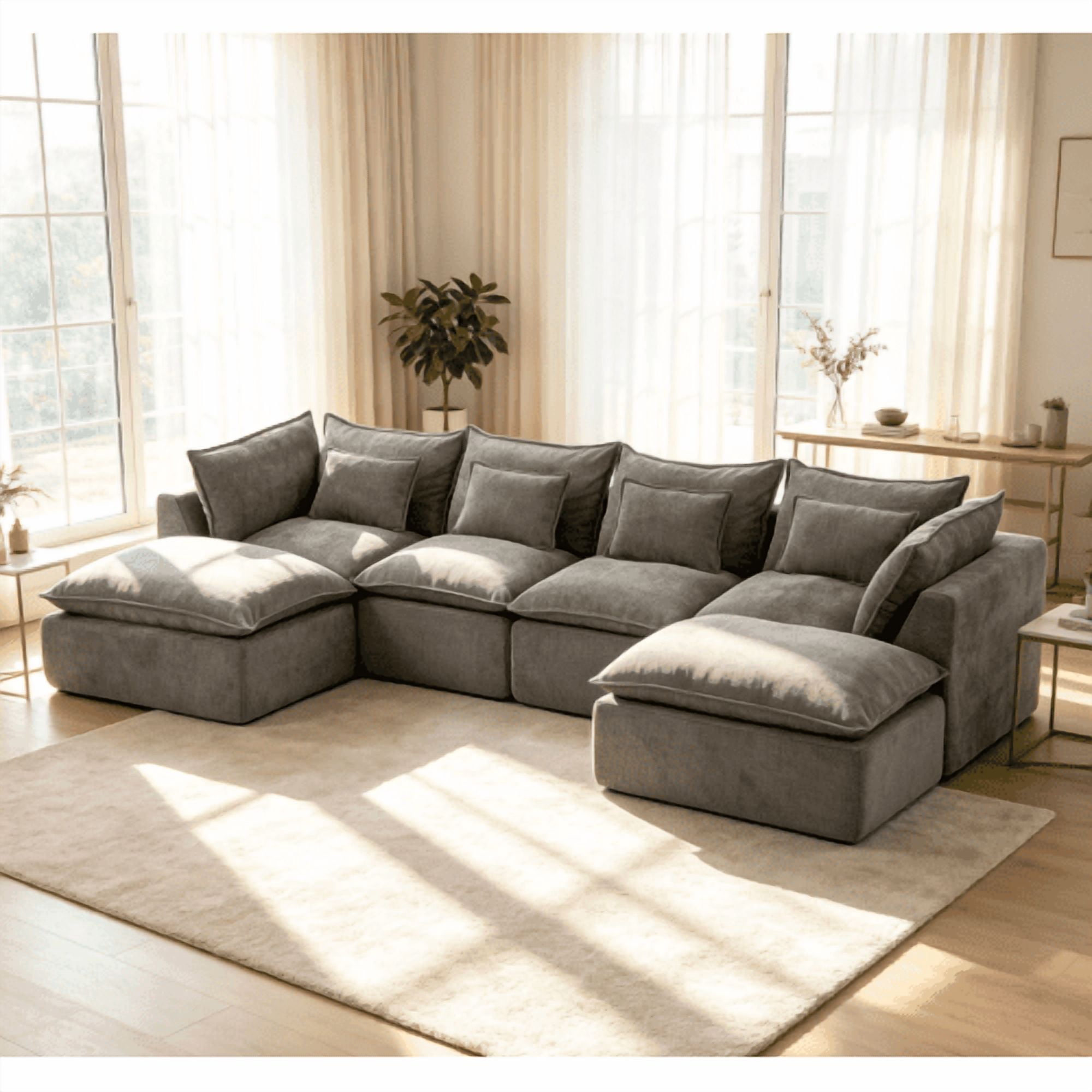 129.8" Oversized Cloud Sectional Sofa, U Shaped Boneless 4-Seater Modular Couch with Ottoman, Extra Deep Seat Compressed Foam Sofa for Living Room Gray