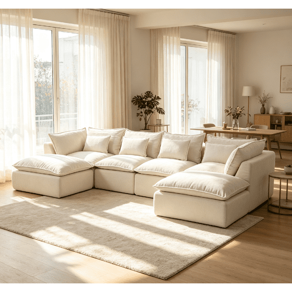 129.8"Width Cloud Sofa Couch with 2 Ottoman , 4 Seat Modern Large Sectional Oversized Modular Sofa Sofa Couch with Deep Seat Design and Wide Upholstered for Living Room or Apartment, Antique White