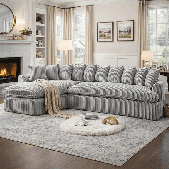 129" Cloud Sectional Couches for Living Room, Deep Seat Chaise Corduroy L Shaped Couch with Deep Seat Chaise, Grey
