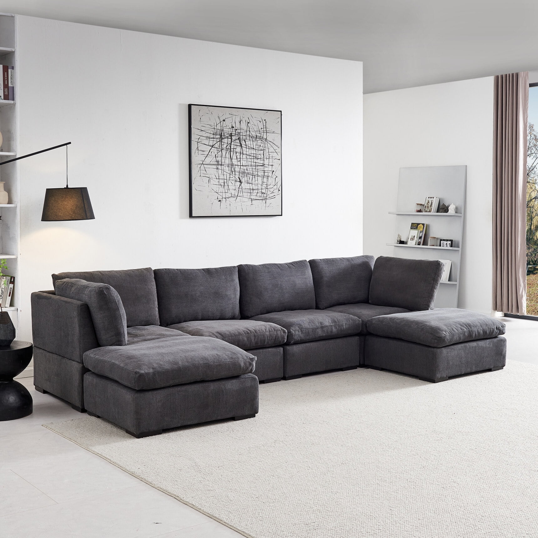 129 Modular Sectional Sofa Linen Fabric U Shape Sofa with Removable Ottoman Large Upholstered Cloud Couch for Living Room Apartment Office Dark