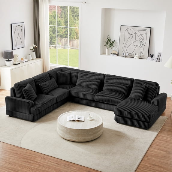 129" Modular Sectional Sofa, U-Shaped Cloud Couch with a Chaise Lounge, Modern Upholstered Corduroy 5 Seat Sofa for Living Room, Black