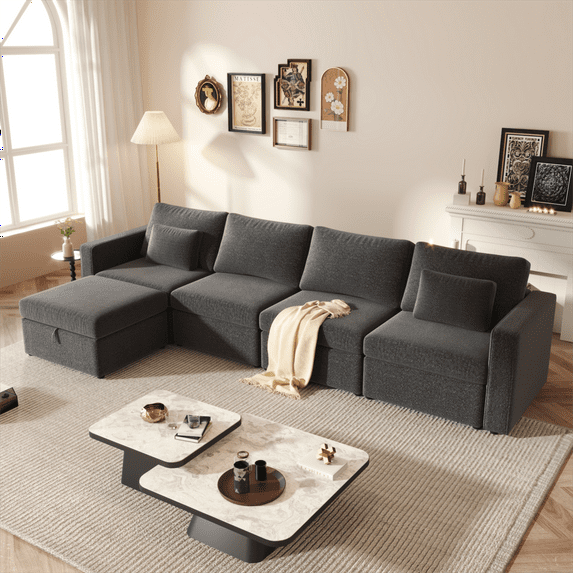 129" Oversized Modular Sectional Sofa, Modern Cotton Linen L-Shaped Upholstery Chaise Couch with Storage Ottoman, 5-Seater Sofa Couches for Living Room, Bedroom, Office, Loft, Apartment, Dark Gray