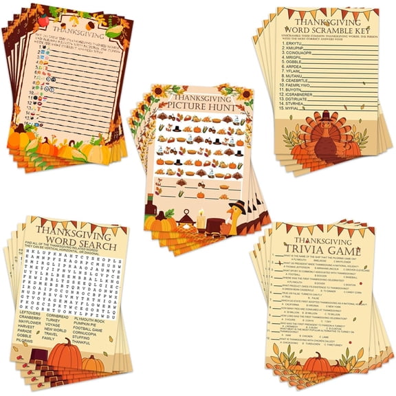 129 Pcs Thanksgiving Games Set Thanksgiving Party Game Cards for Adults Thanksgiving Word Search Scramble Trivia Game for Family Fall Thanksgiving Harvest Activities Party Game Supplies