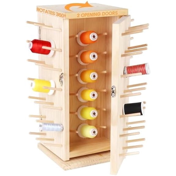 129 Spools(DIY) 360° Fully Rotating Wooden Thread Rack/Thread Holder Organizer with Double Doors(Inner Space Hold ≤ 500M Thread Spools) for Sewing, Quilting, Embroidery, Hair-braiding