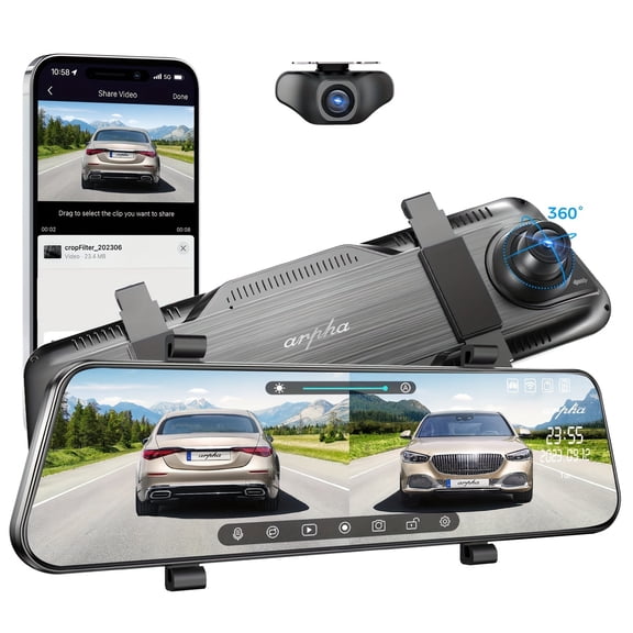 1296P 10" Touch Screen Mirror Dash Cam, Dual Camera 1080P+720P, WiFi App Control, GPS, Voice Control, WDR, Night Vision, Parking Mode (Hard-wire Kit Needed), Easy Install