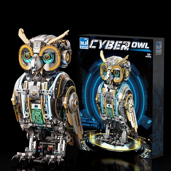 1296PCS Cyberpunk Mechanical Owl Building Blocks Steampunk Sci-Fi Robot Decor Model Kit with Full Gear Internal Structure, Ages 12+