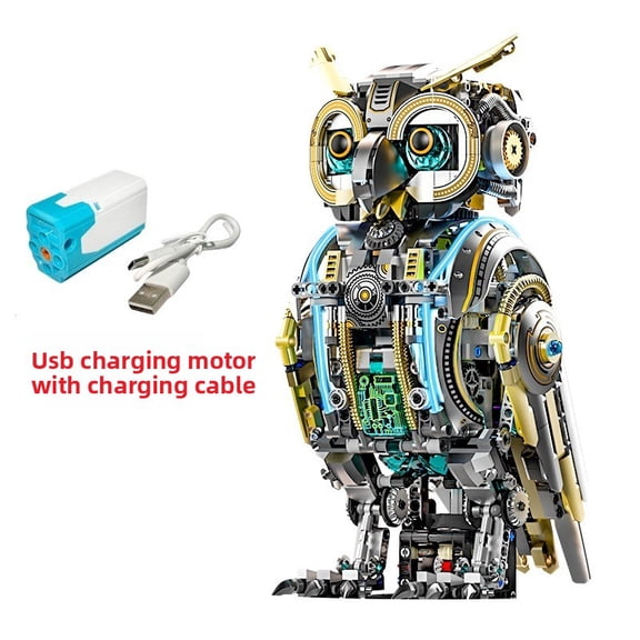 1296PCS USB Rechargeable Motorized Cyberpunk Mechanical Owl Building Blocks Steampunk Sci-Fi Robot Decor Model with Linked Gear Drive Motor, Ages 12+