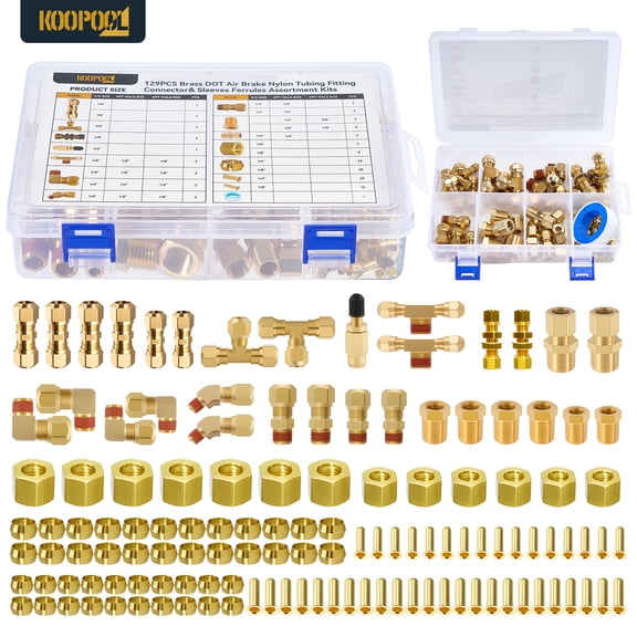 129Pcs Brass DOT Air Brake Line Fittings Assortment,1/4" 1/8" 3/8" 1/2" Quick Connect Hose Fittings DOT Compression Air Nylon Tubing Fittings Assortment Repair Kit for Truck or Industrial Air System