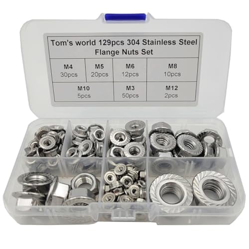 129Pcs Hex Flange Nuts Assortment Kit Stainless Steel 304(18-8) M3 M4 M5 M6 M8 M10 M12 Metric Hex Nuts$$Hardware