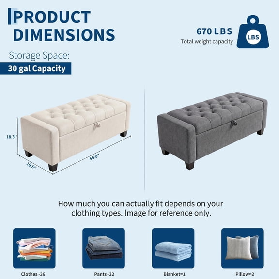 129cm Modern Upholstered Storage Ottoman Bench, 30 Gallon Large Capacity Bench with Soft-Close Hinge, 304kg Load-Bearing Multifunctional Furniture for Entryway Bedroom Living Room