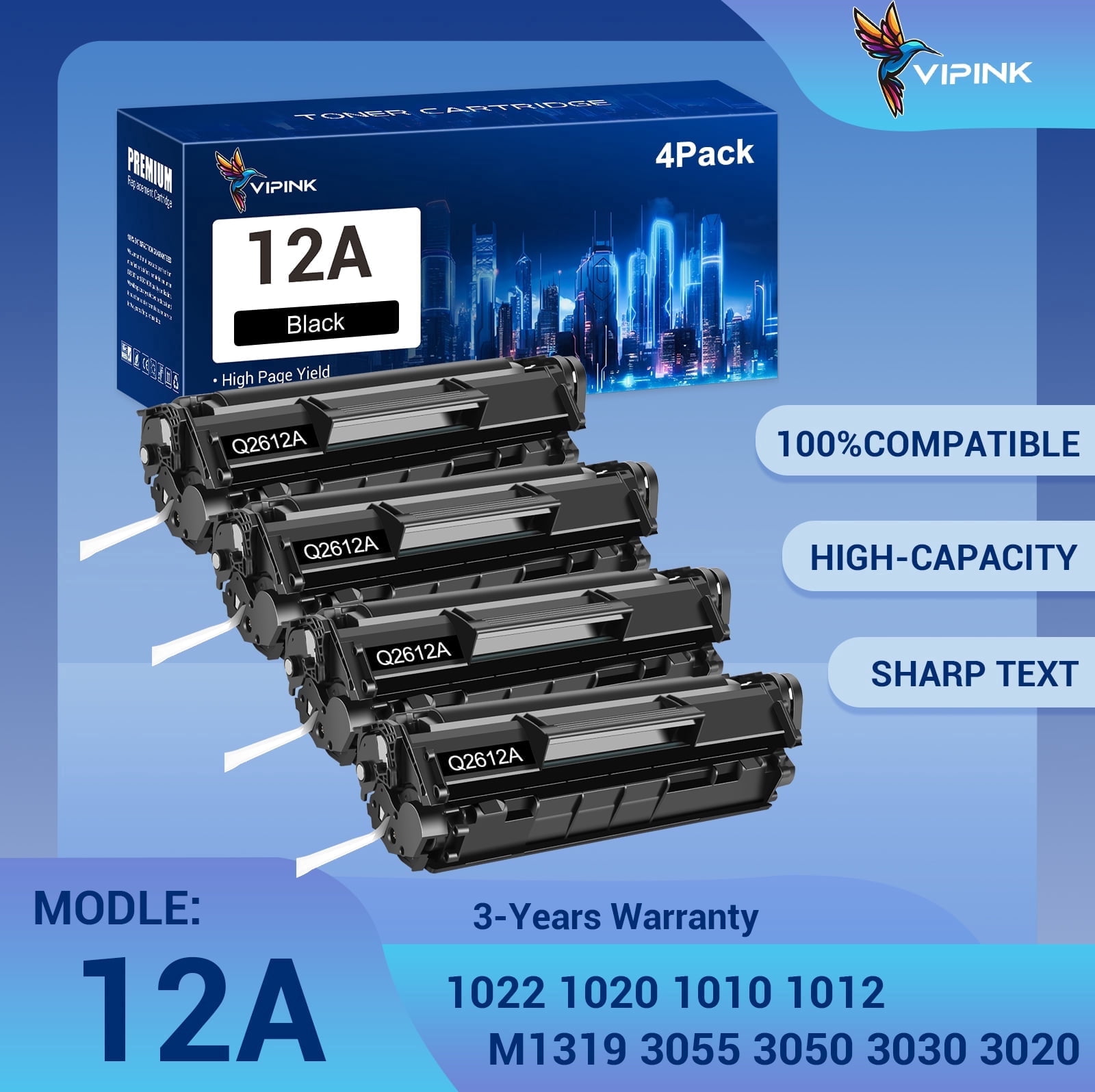 12A Black Toner Cartridge Compatible for 12A Q2612A Q2612D Laserjet 1012 1022 1020 1018 1022N 1010 3015 3050 3030 3052 3055 M1319F Printer Ink (4-Pack, Black)