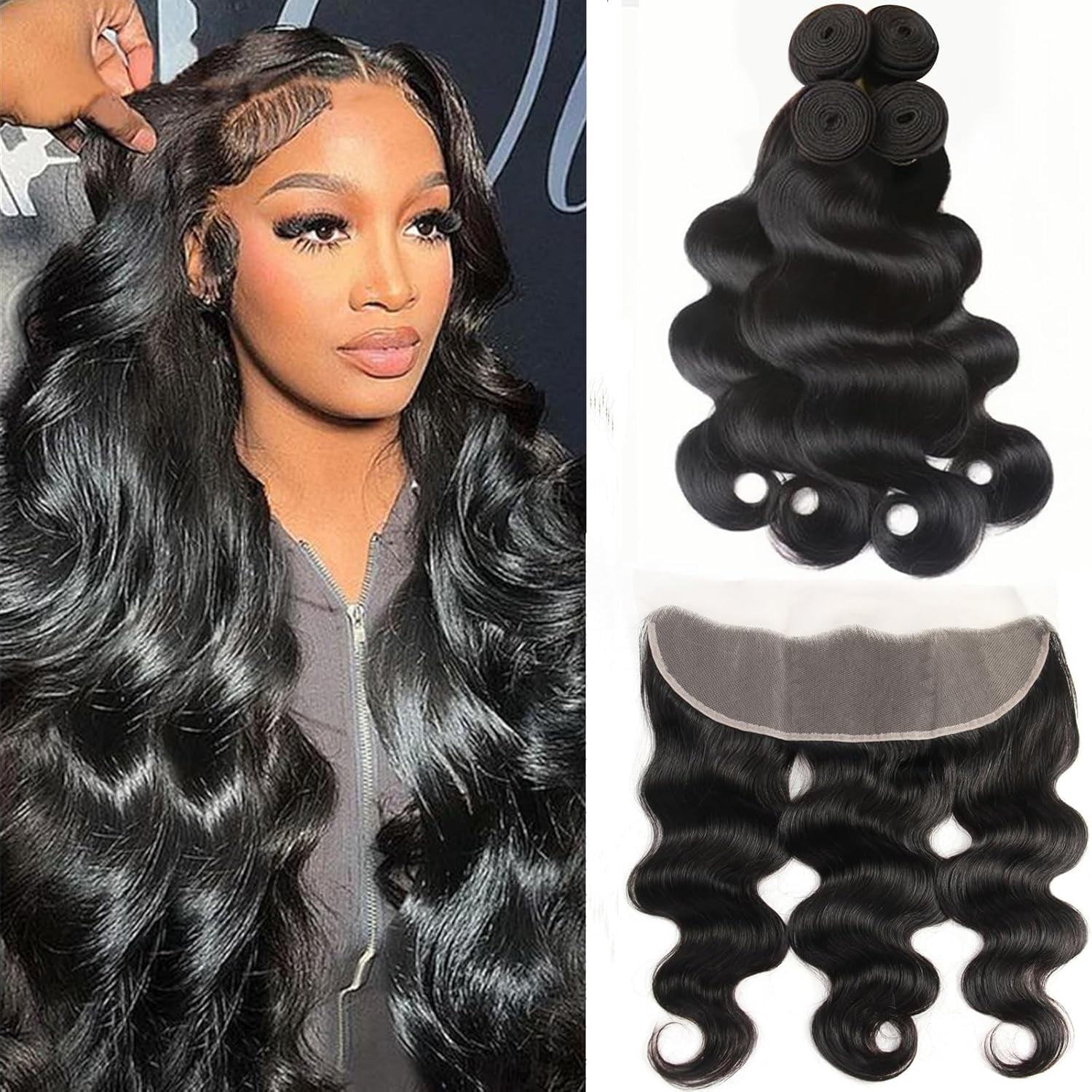 12A Body Wave Human Hair 4 Bundles with Frontal Virgin Hair Bundles with 13x4 HD Lace Frontal (18 20 22 24+16, Free Part) Brazilian Remy Hair