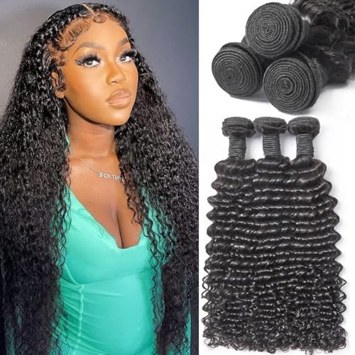 12A Human Hair 20 22 24 Inch Curly Human Hair Deep Wave Wet and Wavy Quick Weave Real Hair Extensions For Women Black