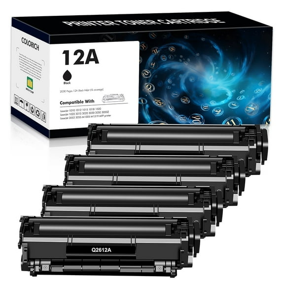 12A Toner Cartridge Compatible for HP 12A Q2612A Laserjet 1020 1022 3050 1010 1012 1015 1018 3015 3020 3030 3050Z 3052 3055 M1005MFP M1319MFP Printer Ink, Sold by Colorich (4-Pack, Black)