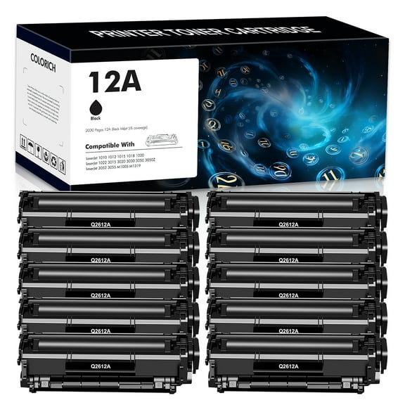 12A Toner Cartridge Compatible for HP 12A Q2612A Laserjet 1020 1022 3050 1010 1012 1015 1018 3015 3020 3030 3050Z 3052 3055 M1005MFP M1319MFP Printer Ink, Sold by Colorich (10-Pack, Black)
