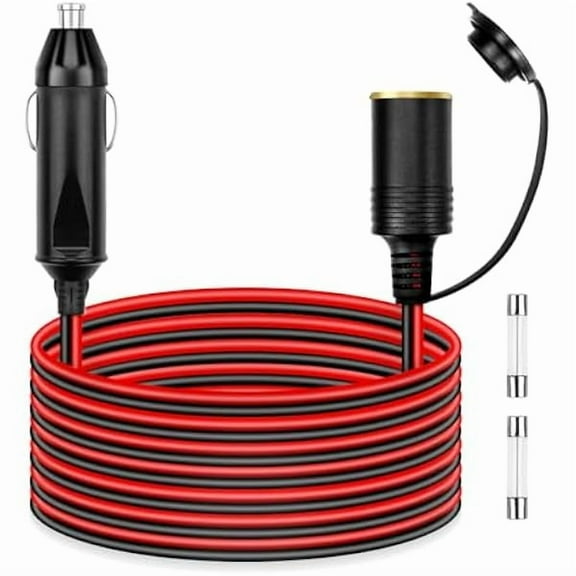 12AWG Cigarette Lighter Extension Cord 16.4FT 30A 360W Heavy Duty Car Charger Cable 12V 24V Male to Female Socket Adapter with 2 Spare Fuses for Portable Fridge Tire Pump Air Compressor Vacuum