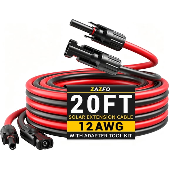12AWG Solar Extension Cable Kit, 20FT Red + 20FT Black Wire with Male and Female Connectors