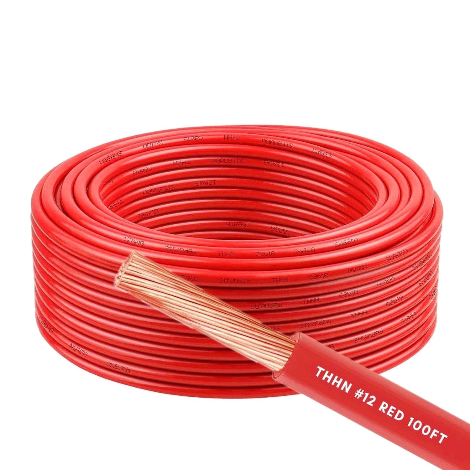 12 AWG THHN Stranded Copper Electrical Building Wire with Nylon Jacket PVC Insulation - 100Ft Red