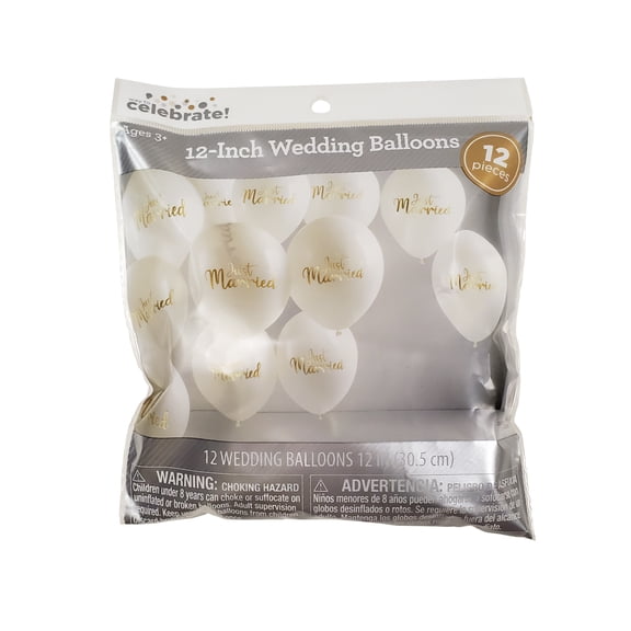 12IN "Just Married" Latex Balloons, White, 12 Count, Wedding by Way to Celebrate