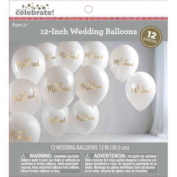 12IN "Just Married" Latex Balloons, White, 12 Count, Wedding by Way to Celebrate