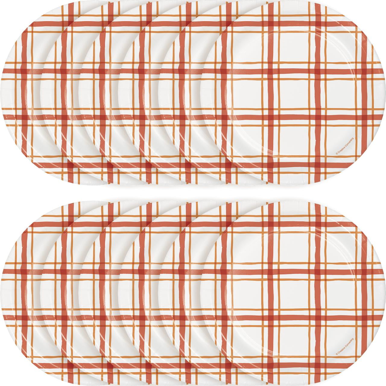 Way to Celebrate Friendsgiving Luncheon Orange and White Plaid Round Disposable Paper Plates, Thanksgiving, 7", 12 Count