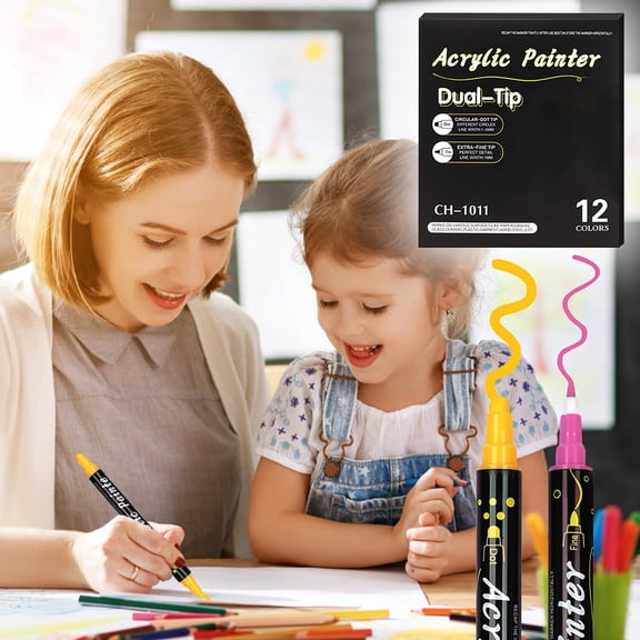 12Colors Acrylic Paint Markers, Dual-Tip with Fine Tip and Brush Tip Pens for Stone, Wood, Calligraphy, Canvas, Ceramic, Metal, Glass, Rock Painting, and DIY Crafts
