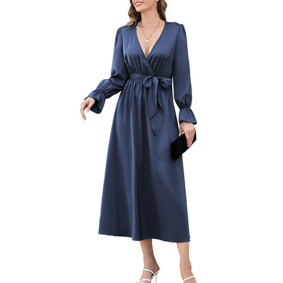 12Crazy by 12Crazy Women's V Neck Long Sleeve Satin Wrap Maxi Dress, Blue