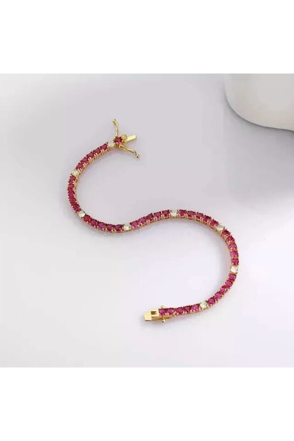 12Ct Round Lab-Created Ruby & Diamond Tennis Bracelet  4MM Stones, 14K Yellow Gold Plated, Elegant Womens Cubic Zirconia Jewelry Gift