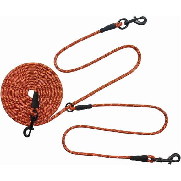 12FT 20FT 30FT 50FT Reflective Dog Tie Out for 2 Dogs, No Tangle 1/3 Inch Nylon Rope Long Tether for Two Dogs, Dog Trolley Runner for Yard Outdoor Camping (12 ft x 1/3", Orange)