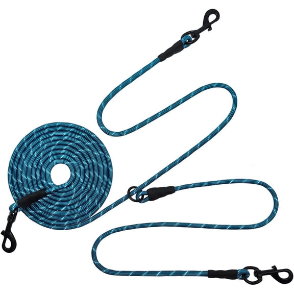 12FT 20FT 30FT 50FT Reflective Dog Tie Out for 2 Dogs, No Tangle 20ft by 1/3 Inch Nylon Rope Long Tether for Two Dogs, Dog Trolley Runner for Yard Outdoor Camping (20 ft x 1/3", Blue)