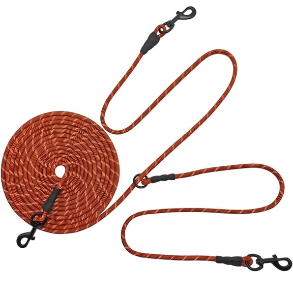 12FT 20FT 30FT Reflective Dog Tie Out for 2 Dogs, No Tangle 1/3 Inch Nylon Rope Long Tether for Two Dogs, Dog Trolley Runner for Yard Outdoor Camping (Orange, 20ft)