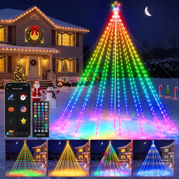 12FT 488LEDs Outdoor Smart Christmas Tree Waterfall Lights with Pole Programmable RGB Lights DIY Multicolor Changing App-controlled