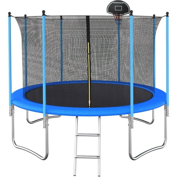 12FT Blue Outdoor Trampoline with Inside Safety Net - Basketball Hoop, UV-Protected PP Mat, 72 Galvanized Springs, CE/TUV/GS Certified (6-8 Kids Capacity)