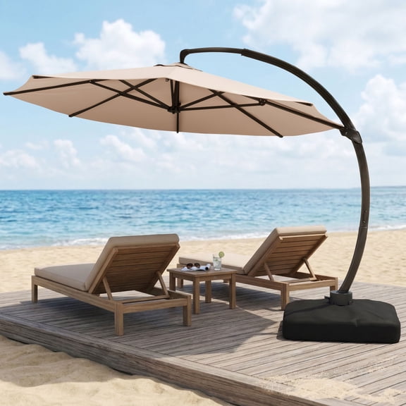 LAZZO 12FT Patio Umbrella with Base, Outdoor Deluxe Cantilever Cantilever Umbrella for Patio Pool Deck, Champagne