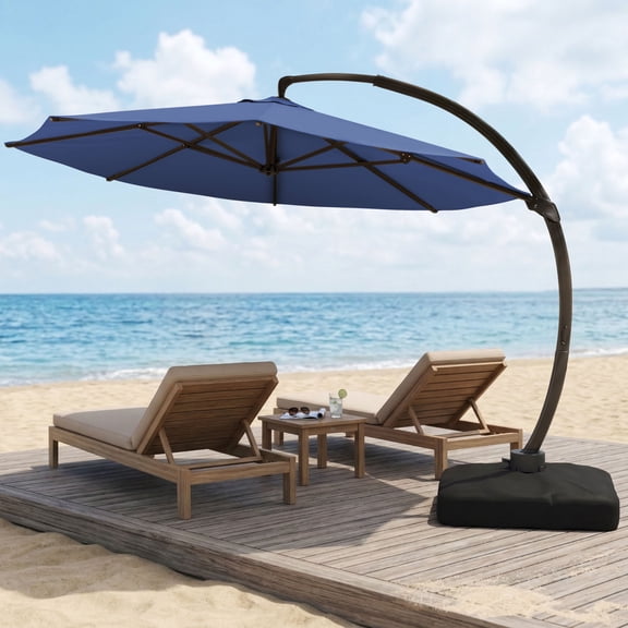 LAZZO 12FT Patio Umbrella with Base, Outdoor Deluxe Cantilever Cantilever Umbrella for Patio Pool Deck, Navy Blue