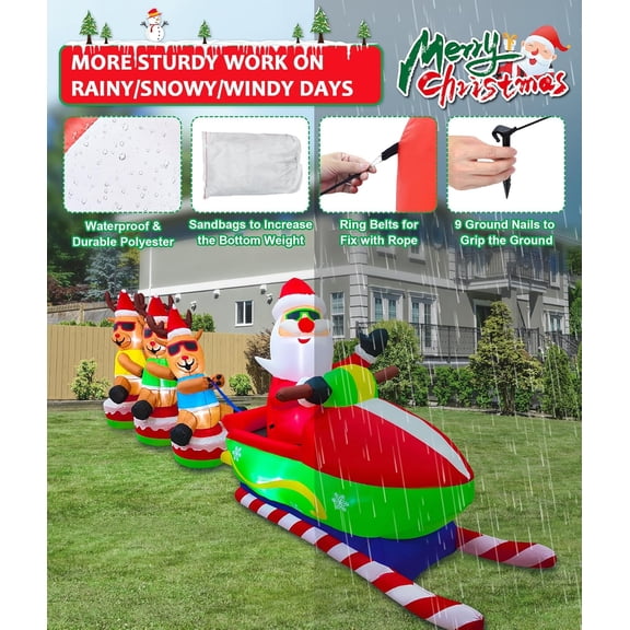 12FT Christmas Inflatables Outdoor Decorations, Giant Blow ups Yard Decoration Inflatable Santa Claus Drive Sleight with 3 Reindeers, with Built-in LEDs for Indoor Outdoor Home Holiday Decor