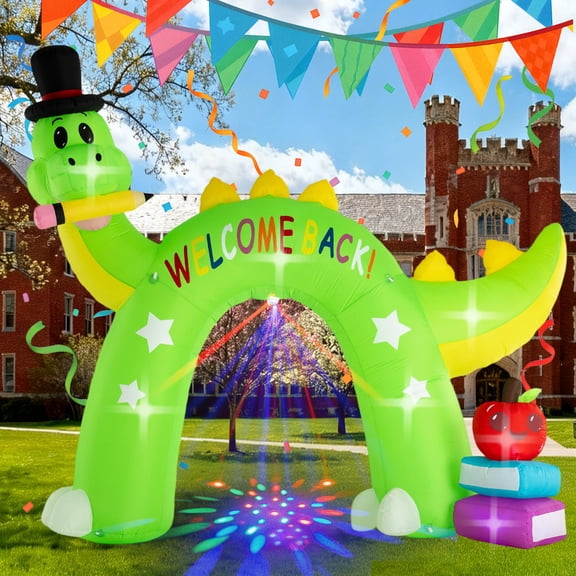 12FT Dinosaur Arch, Back to School Season Inflatable Decoration, Outdoor Decoration with LED Lights and Colorful Rotating Lights, Suitable for Indoor, Terrace, Lawn Garden and Other Locati