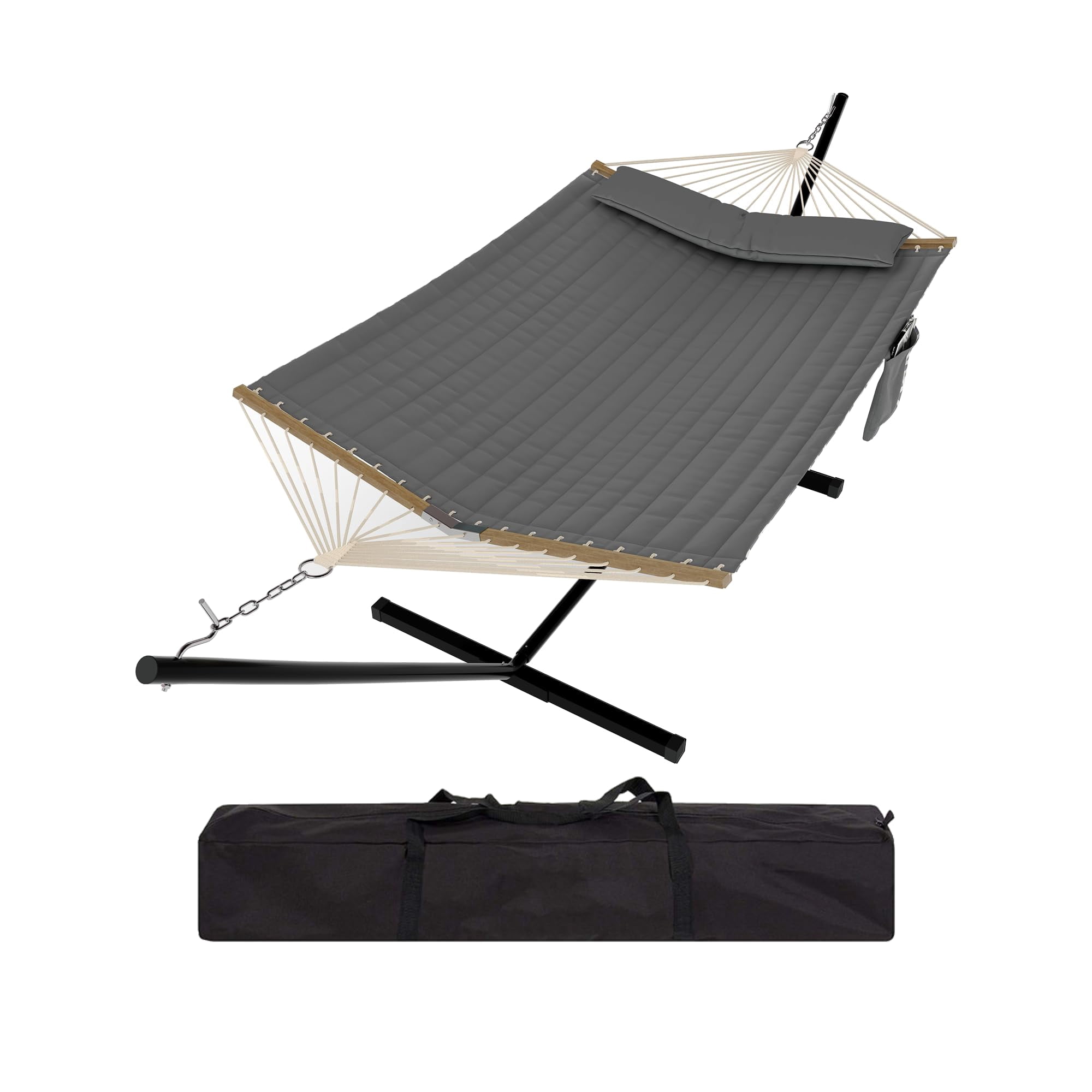 12FT Double Hammock with Heavy-Duty Steel Stand – 2 Person, 450LB Capacity, Weather-Resistant Quilted Polyester Fabric, Hardwood Spreader Bar, Portable Carrying Bag – Beige/Stripe/Dark Gray