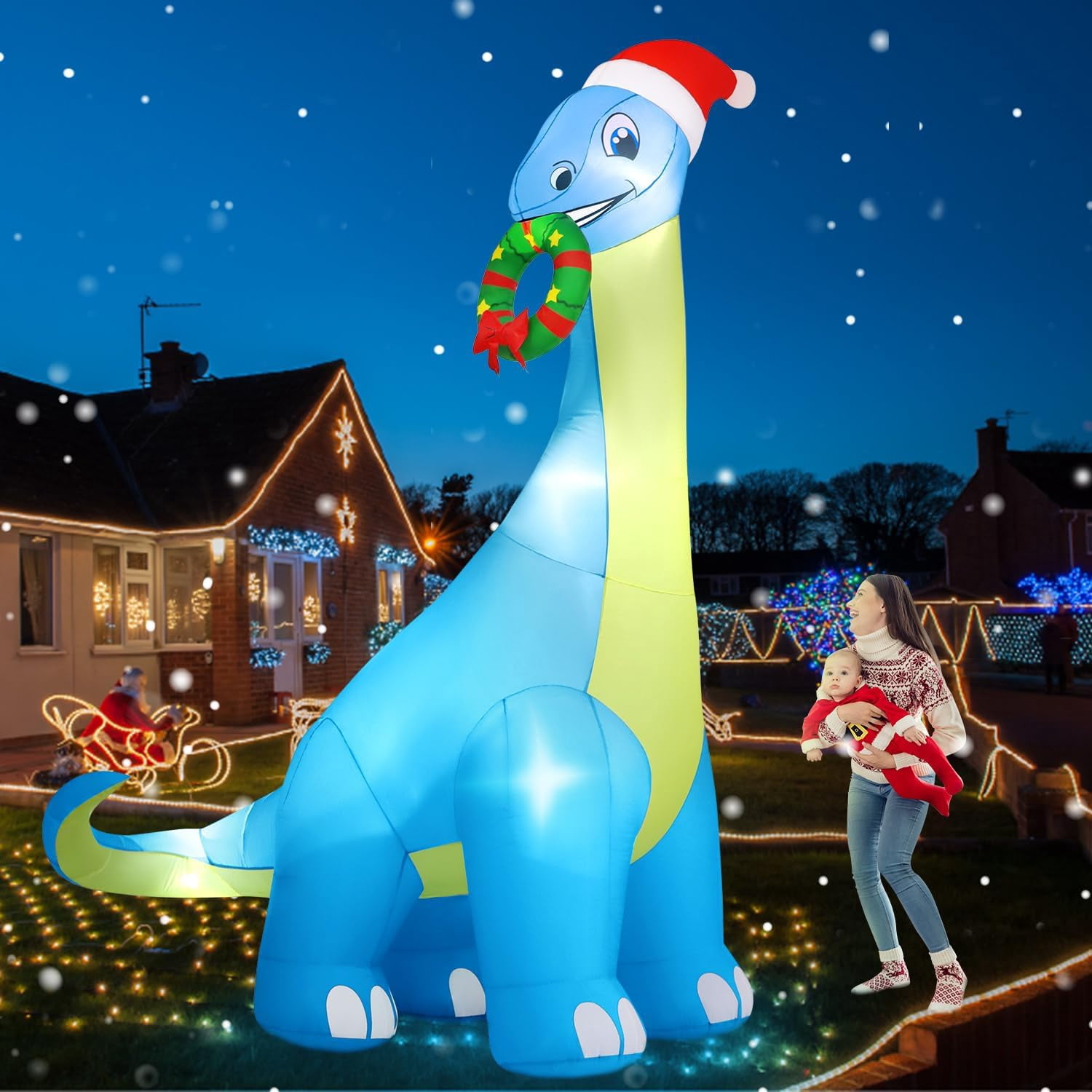 12FT Giant Christmas Inflatables Decoration Dinosaur Built-in Bright ...