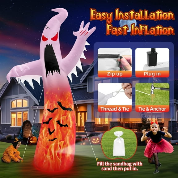 12FT Halloween Inflatable Ghost with Rotating 3-Color Flame LED Lights, Giant Blow Up Yard Decoration for Outdoor Lawn, Garden, and Halloween Party Display