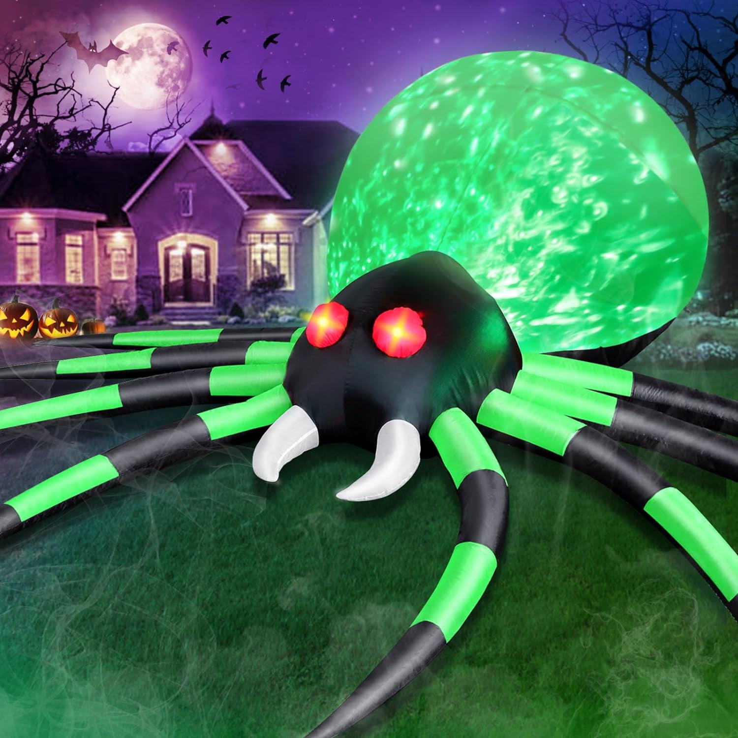 12FT Halloween Inflatables Spider Outdoor Decorations, Giant Blow Up Spider with Flame Lights
